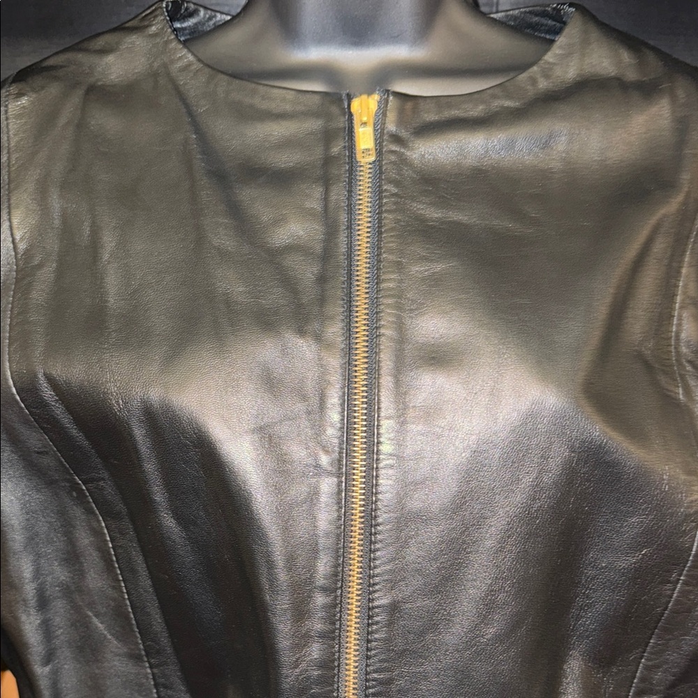 SOLD…Lexther Women's Custom Crop Black Leather Jacket with Shoulder Pads